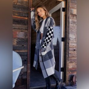 NWT CES FEMME Button Down Checkered Long Cardigan in Black & White